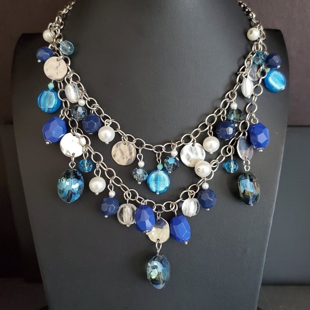White House Black Market Blue Beaded Statement Necklace Silver Tone Multi Strand